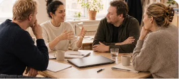 Four colleagues talking around a meeting table, one of them making a point