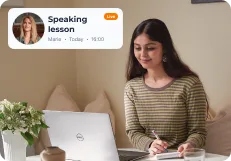 A learner at her laptop joining a live speaking lesson with her teacher Maria